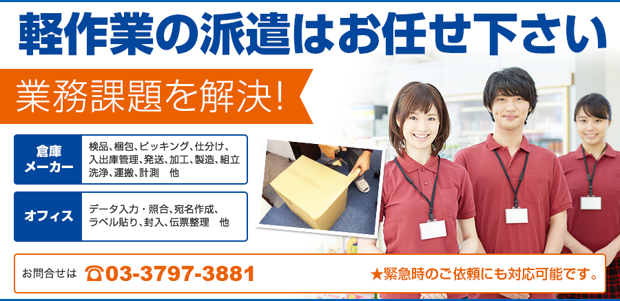 軽作業員の派遣はお任せ下さい！業務課題を解決！倉庫・メーカー：検品、梱包、ピッキング、仕分け、入出庫管理、発送、加工、製造、組立、洗浄、運搬　他　/　オフィス：データ入力、宛名作成、ラベル貼り、封入、伝票整理　他　お問合せは03-3797-3881　★緊急時のご依頼にも対応可能です。